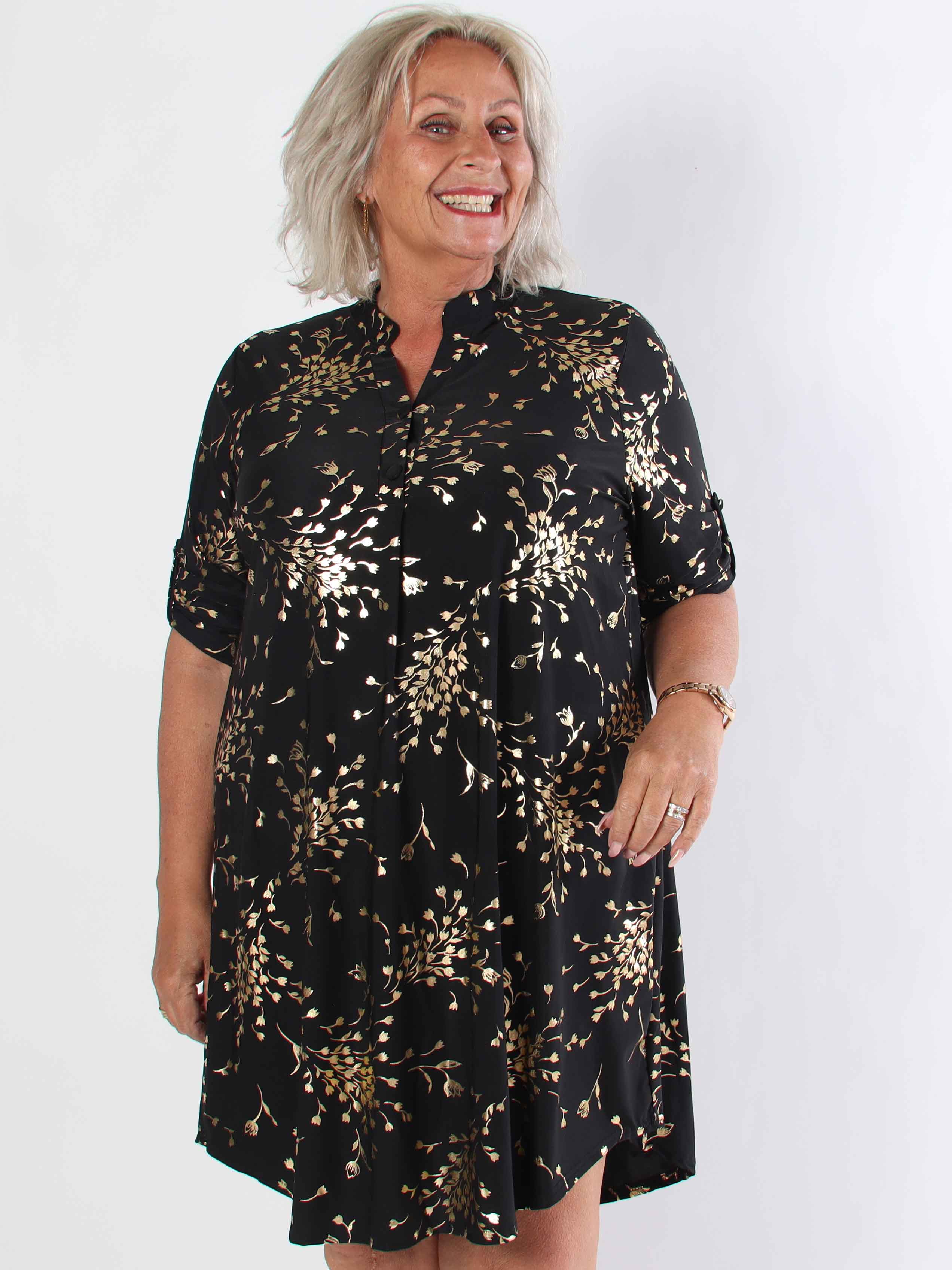 Ebba Gold Leaf Long - Elastisk enfärgad plus size klänning med guld blommigt mönster